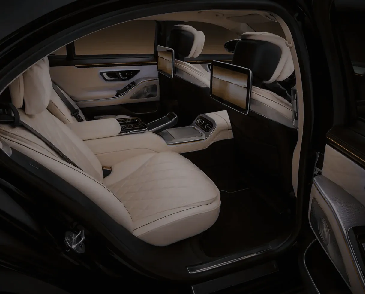 Mercedes S-Class, rear cabin with reclining seats and screens