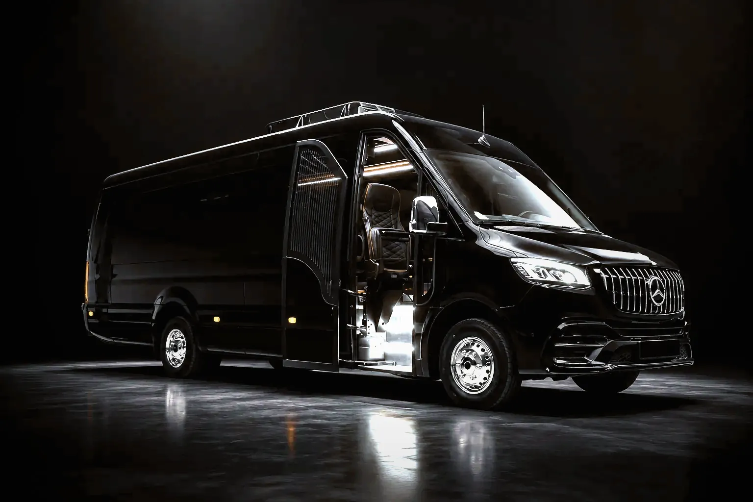 Mercedes Sprinter luxury minibus, front exterior view